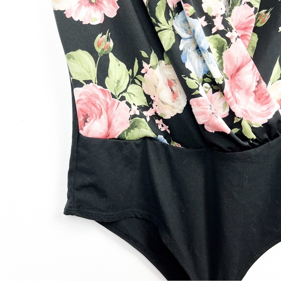 Eclipse Black & Pink Floral Body Suit with Draped Front Neck - Picture 3 of 10